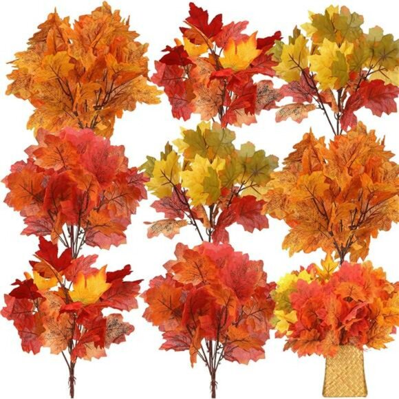 Artificial Maple Leaves Stems 8 Pack Fall Branches Faux Autumn Decor Centerpiece - Picture 1 of 7